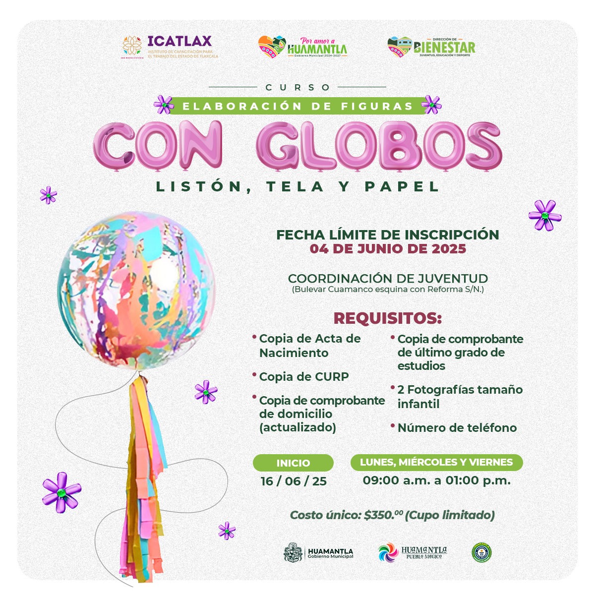 Acerca Gobierno de Huamantla a la ciudadanía curso de ICATLAX para aprender a decorar globos con listón y tela